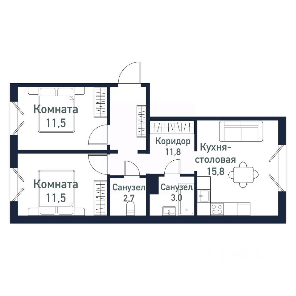 Планировка 2-комнатной квартиры 56.38 м²