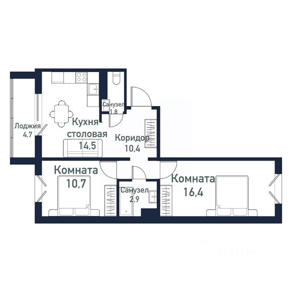 Планировка 2-комнатной квартиры 53.10 м²