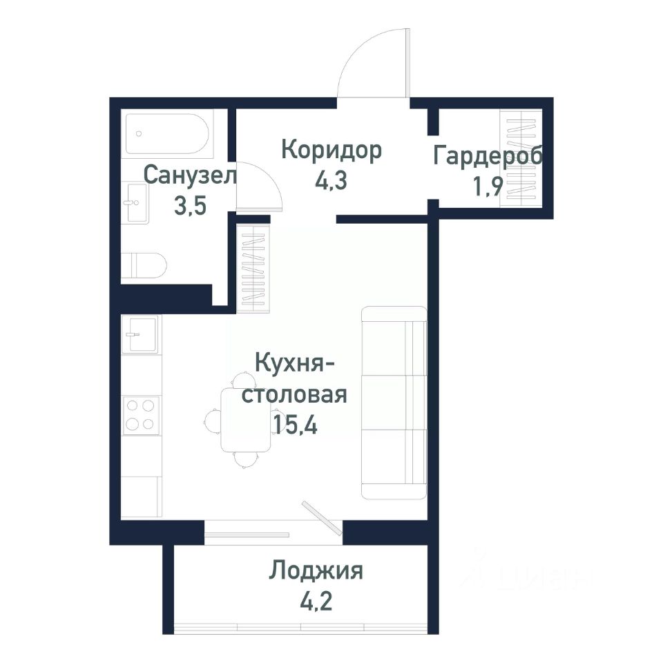Планировка 1-комнатной квартиры 26.08 м²