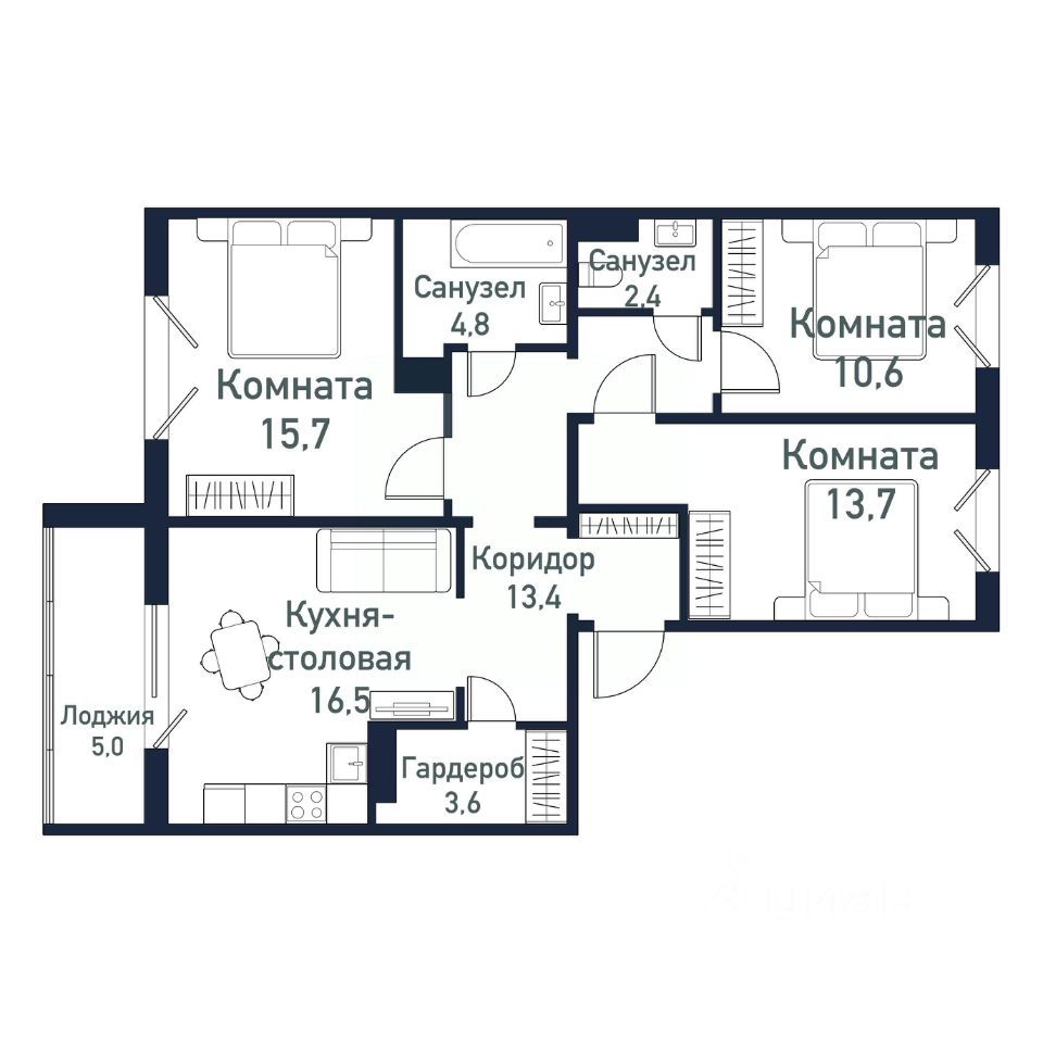Планировка 3-комнатной квартиры 80.72 м²