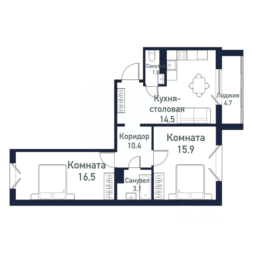 Планировка 2-комнатной квартиры 61.83 м²