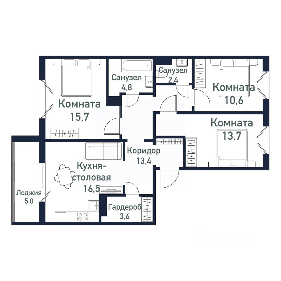 Планировка 3-комнатной квартиры 80.72 м²
