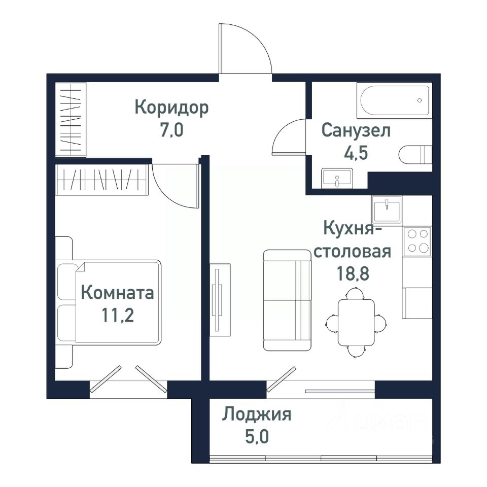 Планировка 1-комнатной квартиры 40.20 м²