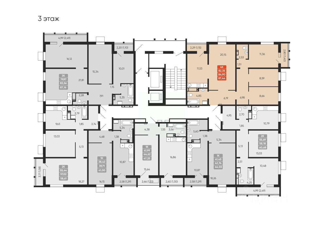 Планировка 4-комнатной квартиры 84.90 м²