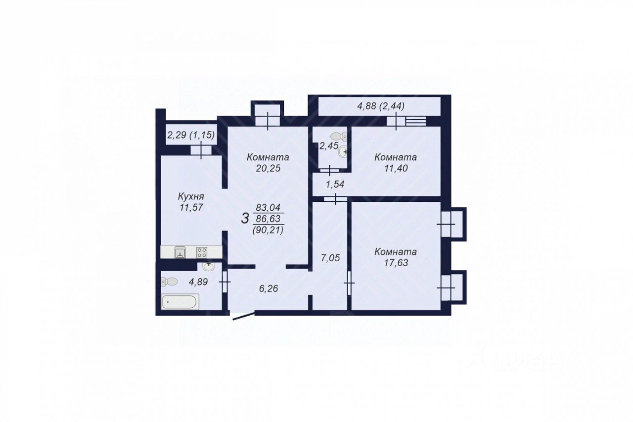 Планировка 3-комнатной квартиры 86.63 м²
