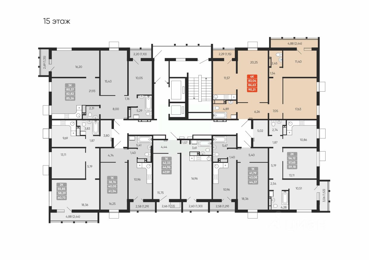Планировка 3-комнатной квартиры 86.63 м²