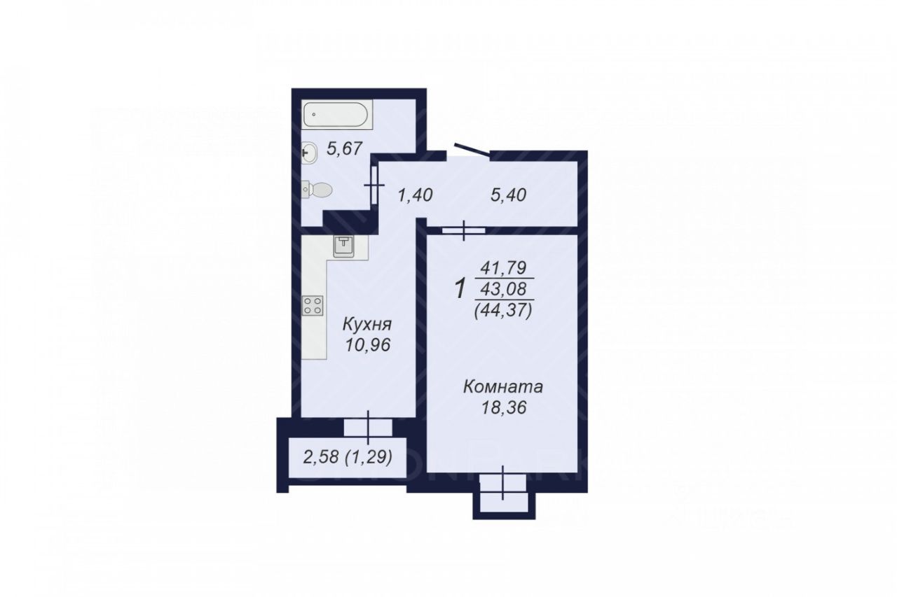 Планировка 1-комнатной квартиры 43.08 м²