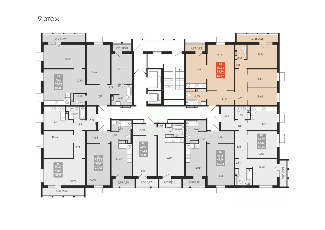Планировка 4-комнатной квартиры 85.94 м²